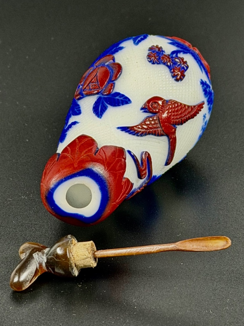 Chinese Hand Carved Multi-Color Peking Glass Eggplant Snuff Bottle